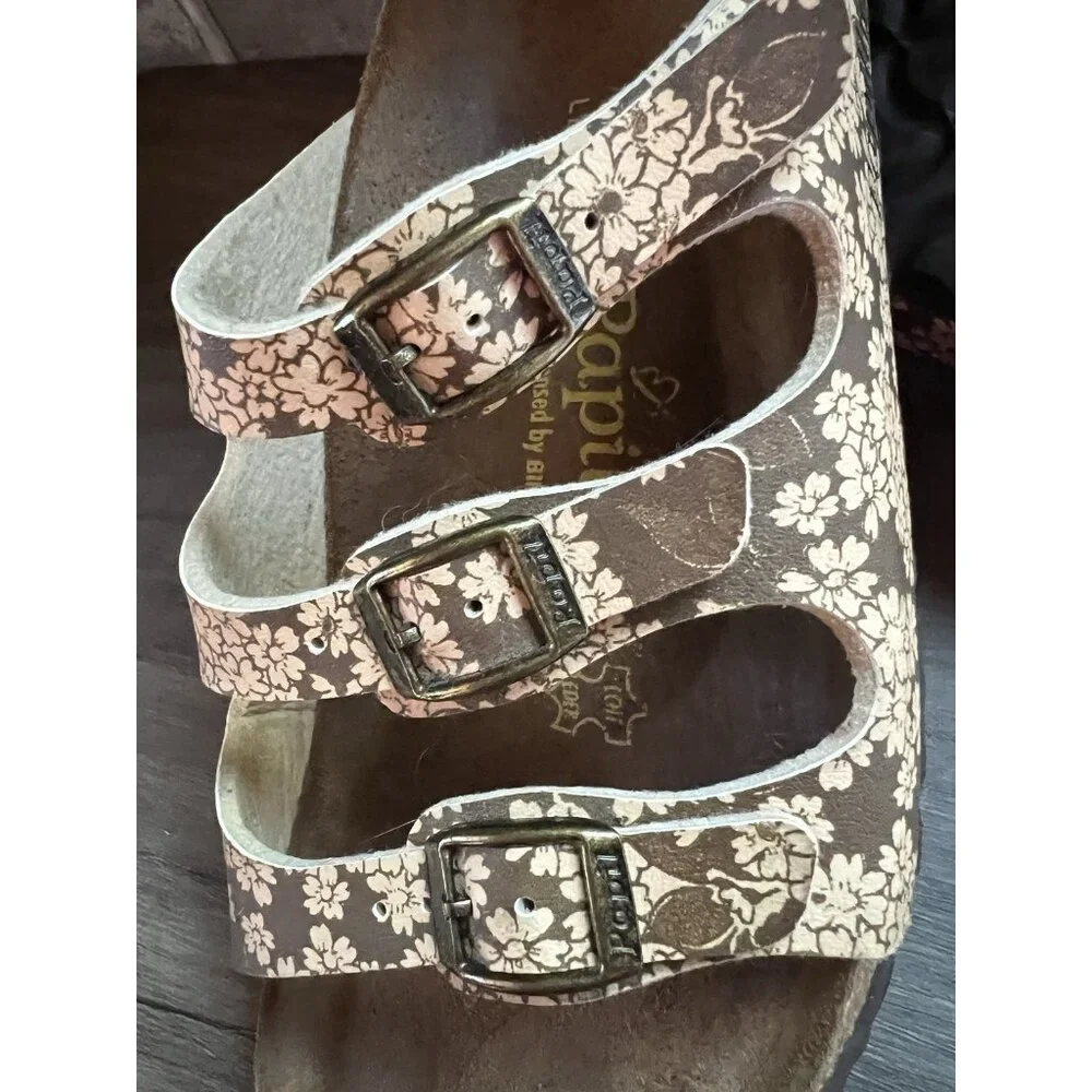 Birkenstock Papillio Florida Sandals Sz 38 7US 3 Strap Brown Floral Flower - Picture 7 of 11
